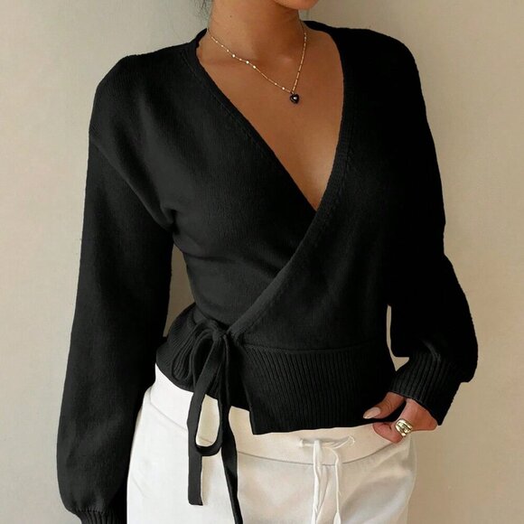 Black Casual Women's Sexy Versatile Tie-Front Deep V Cardigan - Picture 5 of 7